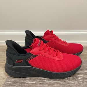 Skechers BOBS Slip Ins Squad Chaos Shoes Mens 8.5 Red Black Sneakers 118309 NEW